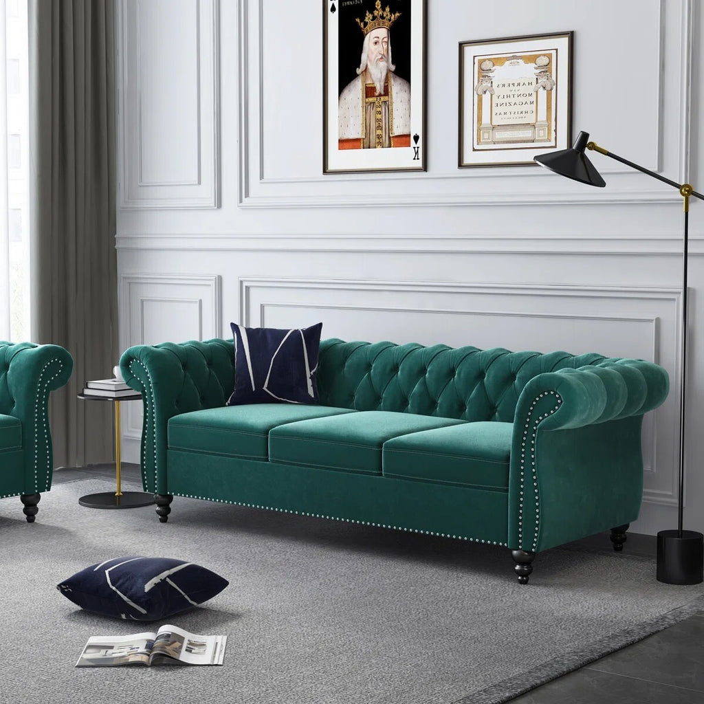 Adedapo Classic Tuxedo Design Sofa 3 Seater | Loveseat with Armrest, Cushions and Wood Legs – Green Living Room Sofa