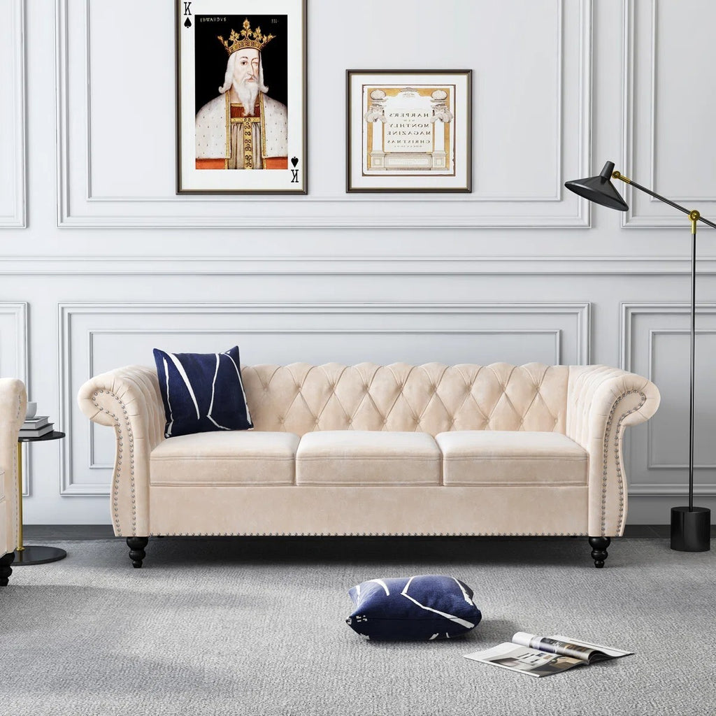 Adedapo Classic Tuxedo Design Sofa 3 Seater | Loveseat with Armrest, Cushions and Wood Legs – Beige Living Room Sofa