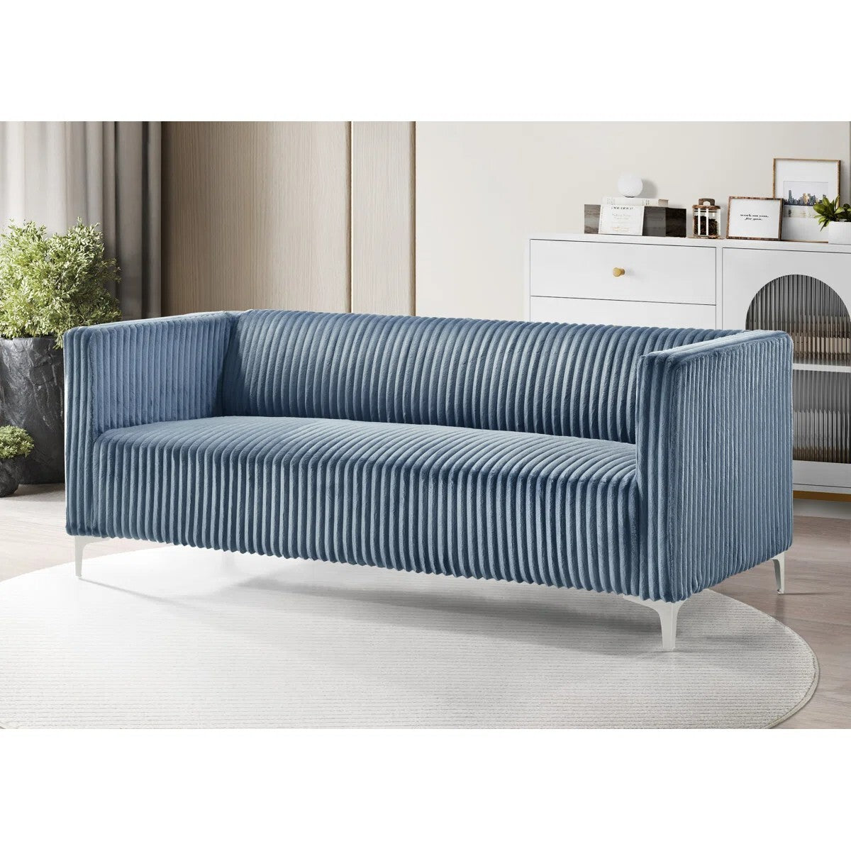 Chryssa Modern Tufted Design Sofa 3 Seater | Loveseat with Armrest, Metal Legs – Blue Living Room Sofa