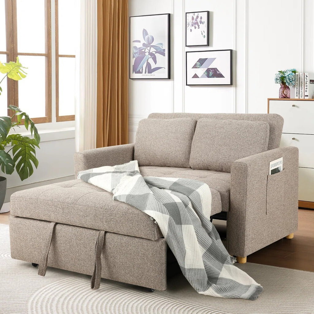 FRIENDS LIFE Dharius 48.5" Pull Out Convertible Sofa Bed 3 in 1 Upholstered Reclining Sleeper Sofa Cum Bed with Cushions Color Brown Grey