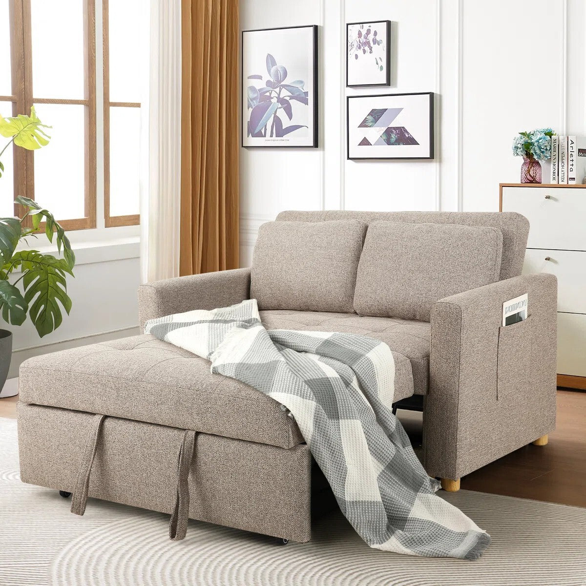 FRIENDS LIFE Dharius 48.5" Pull Out Convertible Sofa Bed 3 in 1 Upholstered Reclining Sleeper Sofa Cum Bed with Cushions Color Brown Grey