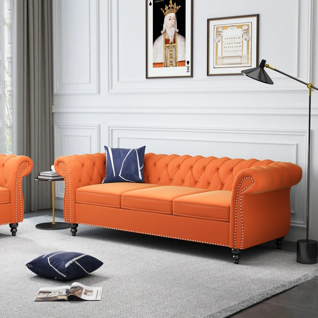 Adedapo Classic Tuxedo Design Sofa 3 Seater| Loveseat with Armrest, Cushions and Wood Legs – Orange Living Room Sofa