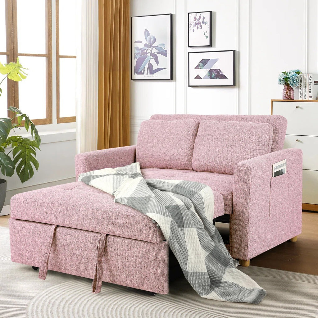 FRIENDS LIFE Dharius 48.5" Sofa Cumbeds 2 Seater Convertible 3 in 1 Upholstered Reclining Sleeper Sofa Cum Bed with Cushions Color Pink