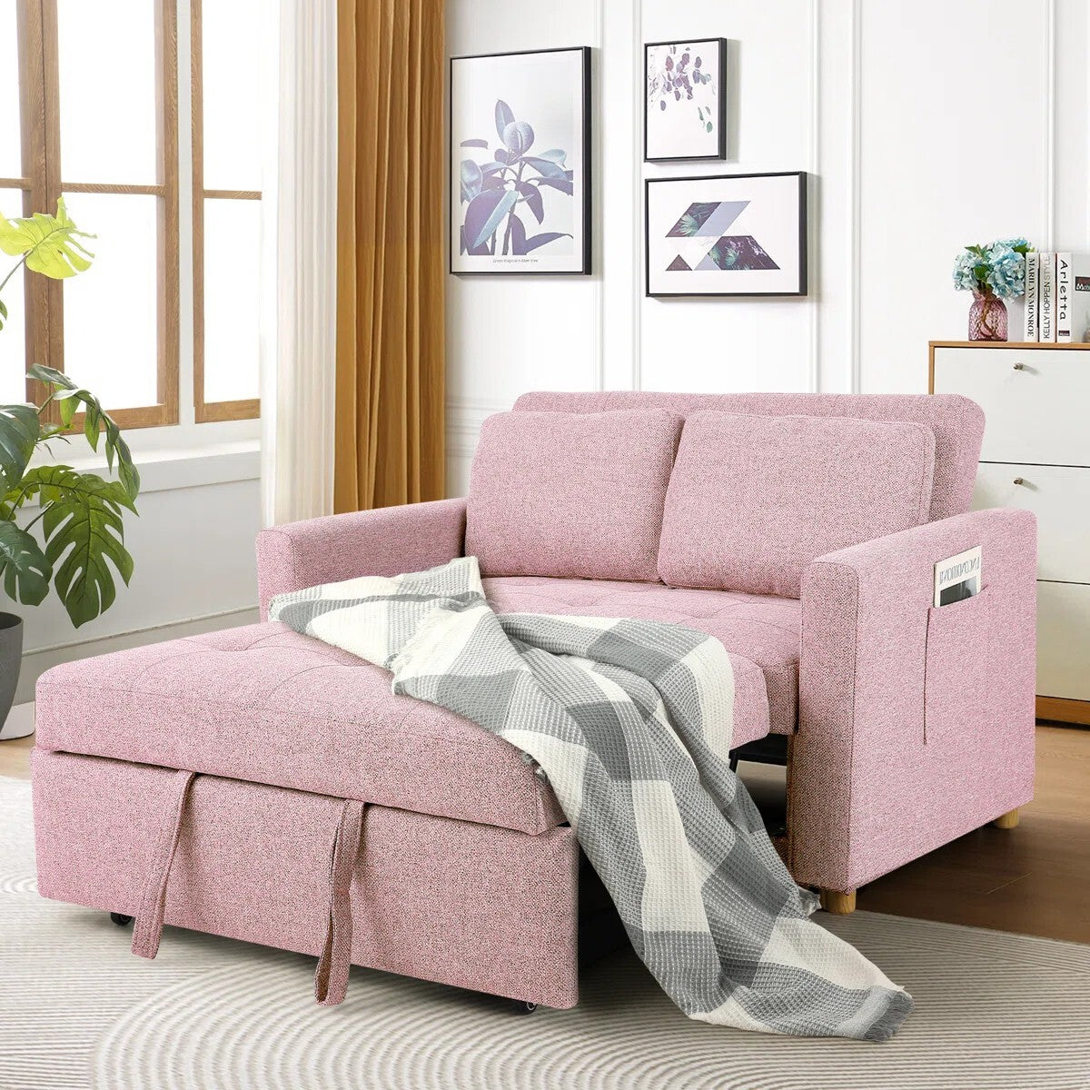 FRIENDS LIFE Dharius 48.5" Sofa Cumbeds 2 Seater Convertible 3 in 1 Upholstered Reclining Sleeper Sofa Cum Bed with Cushions Color Pink
