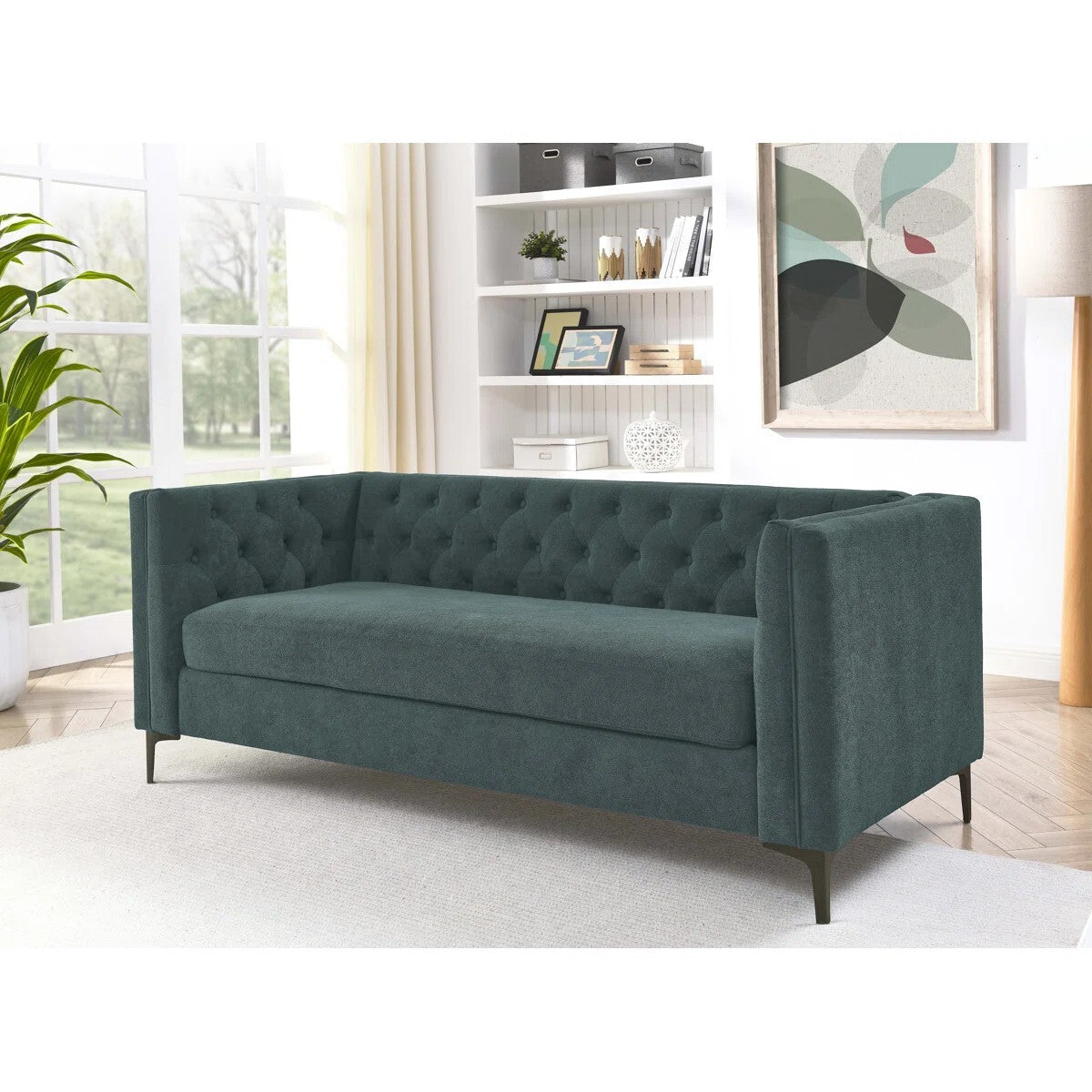 Devonaire Modern Tufted Design Sofa 3 Seater | Loveseat with Armrest, Metal Legs – Blue Living Room Sofa