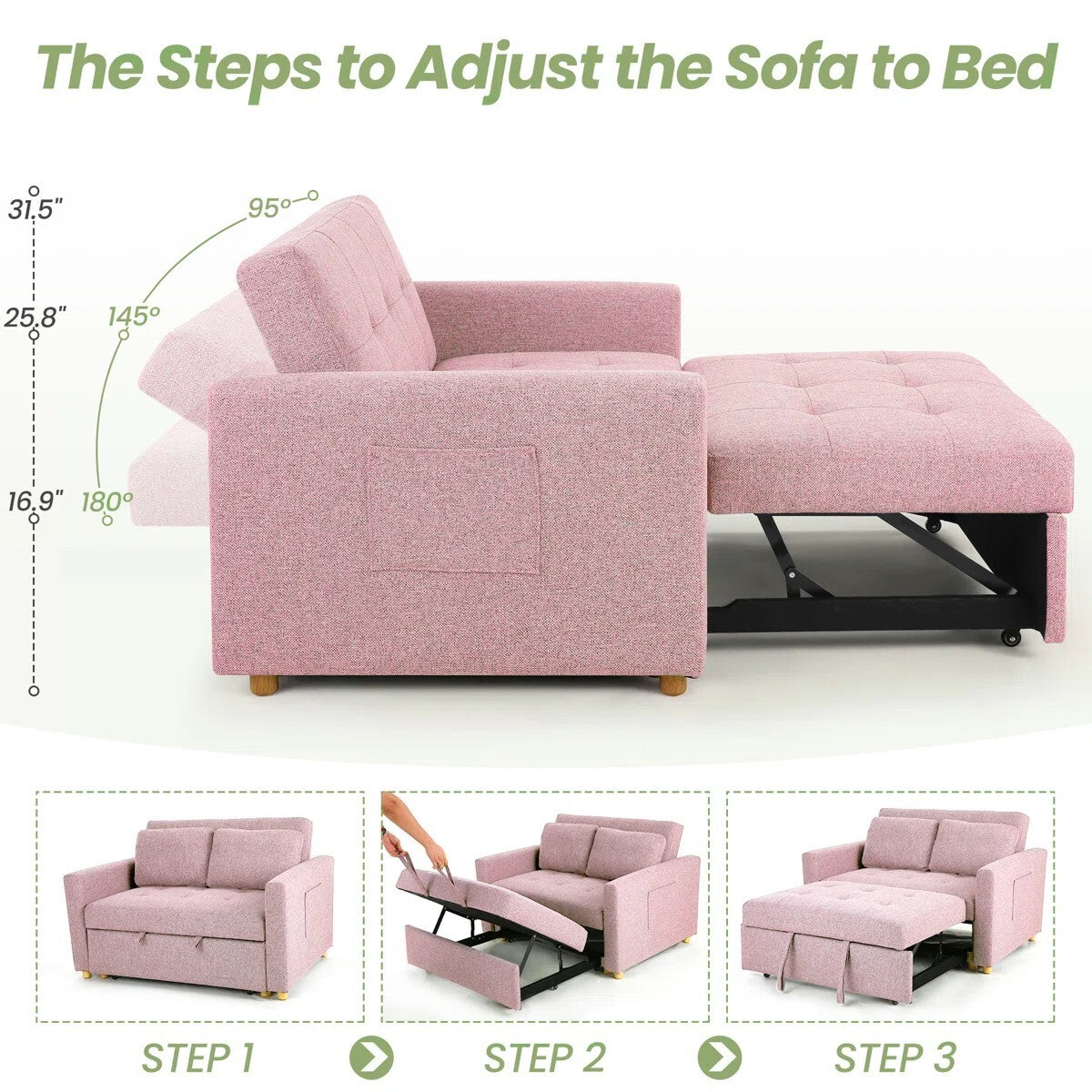 FRIENDS LIFE Dharius 48.5" Sofa Cumbeds 2 Seater Convertible 3 in 1 Upholstered Reclining Sleeper Sofa Cum Bed with Cushions Color Pink