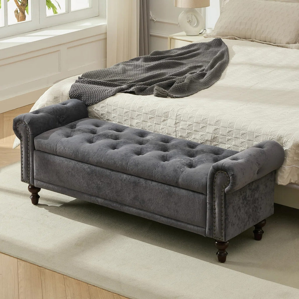 FRIENDS LIFE Segmented Storage Compartments Bedroom Bench, Ottoman Storage Bench | Velvet/Line Fabrics Multipurpose Settee for Living Room Casual Rectangular Color Beige