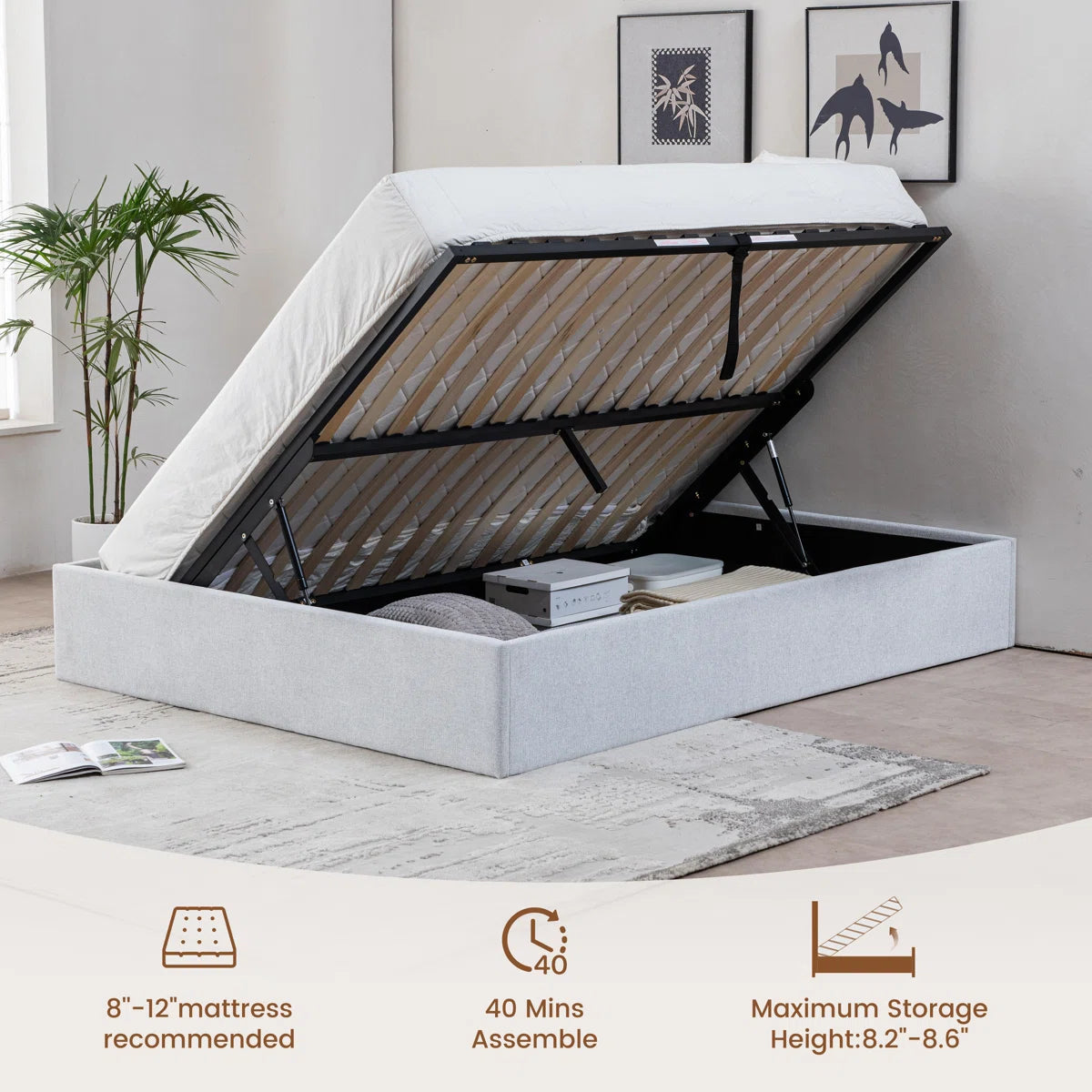 Aristedes Side Lift Up Platform Storage Bed Off White