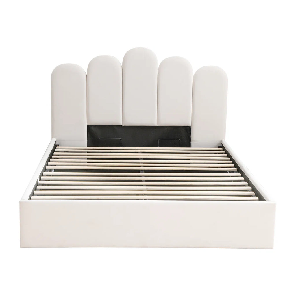 FRIENDS LIFE Velvet Palm shaped Headboard Full Bed Frame with Lift Up Storage, No Box Spring Needed, Cream