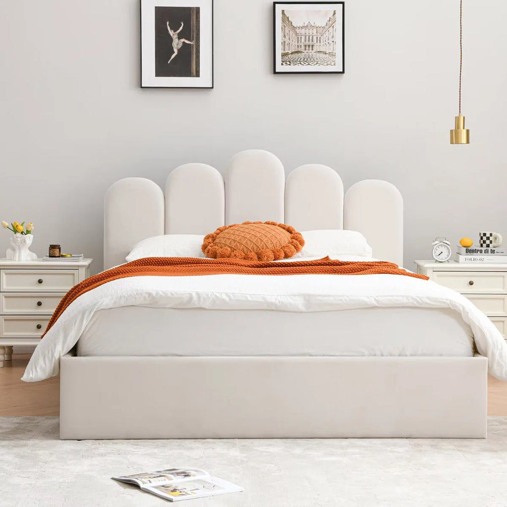FRIENDS LIFE Velvet Palm shaped Headboard Full Bed Frame with Lift Up Storage, No Box Spring Needed, Cream