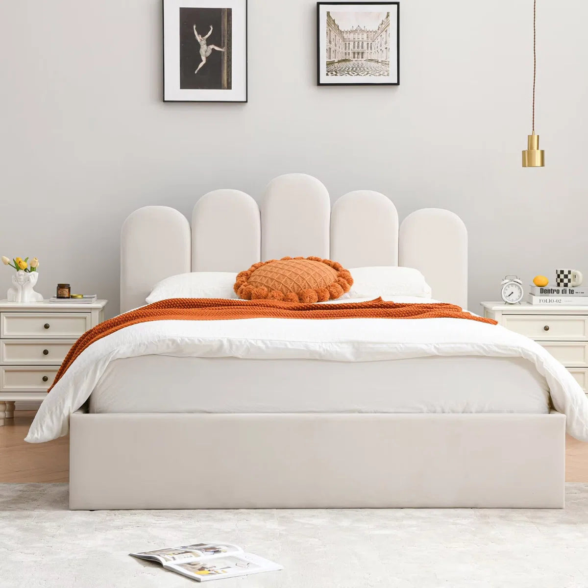 FRIENDS LIFE Velvet Palm shaped Headboard Full Bed Frame with Lift Up Storage, No Box Spring Needed, Cream