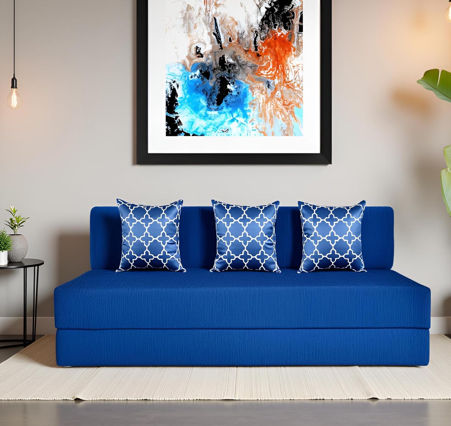 3 Seater Sofa Cum Bed | 1 Years Warranty | Foldable Sofacum Bed | 3 Pillow | Jute Finish Fabric, Blue (6X6) inches Comfort for All Sofa Cum Bed for Living Room & Guests (N-FA014)