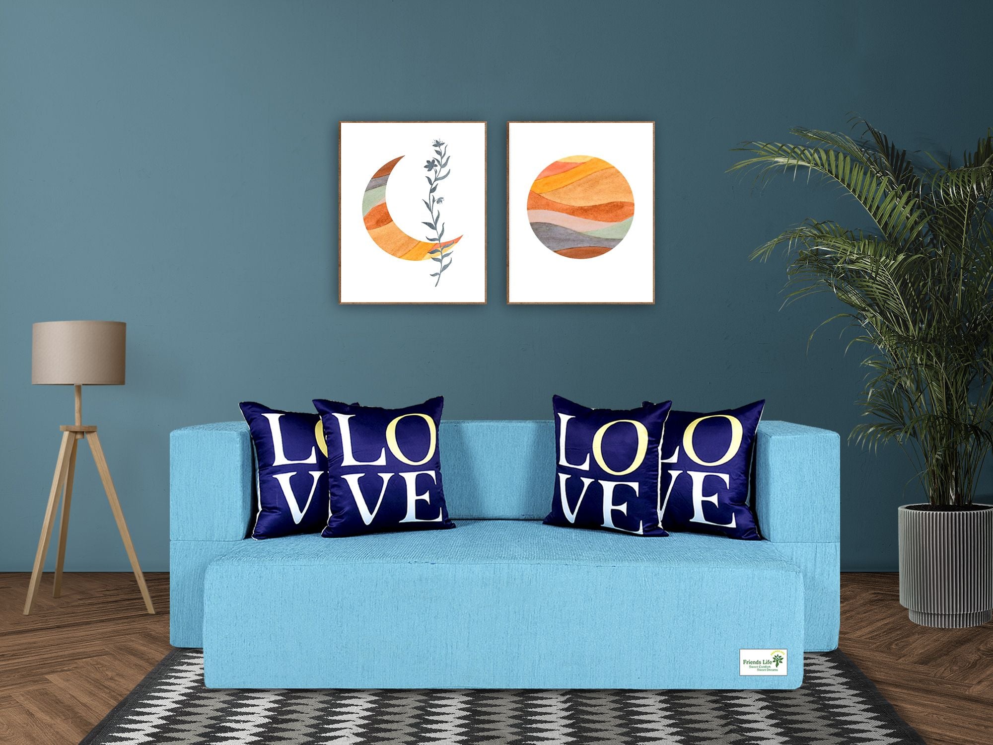 FRIENDS LIFE 4 Seater Sofa Cum Bed | 1 Years Warranty | Foldable Sofa cuma Bed 4 Pillow | Jute Finish Fabric, Blue Comfort for All Sofa Cum Bed for Living Room & Guests (N-CA03)