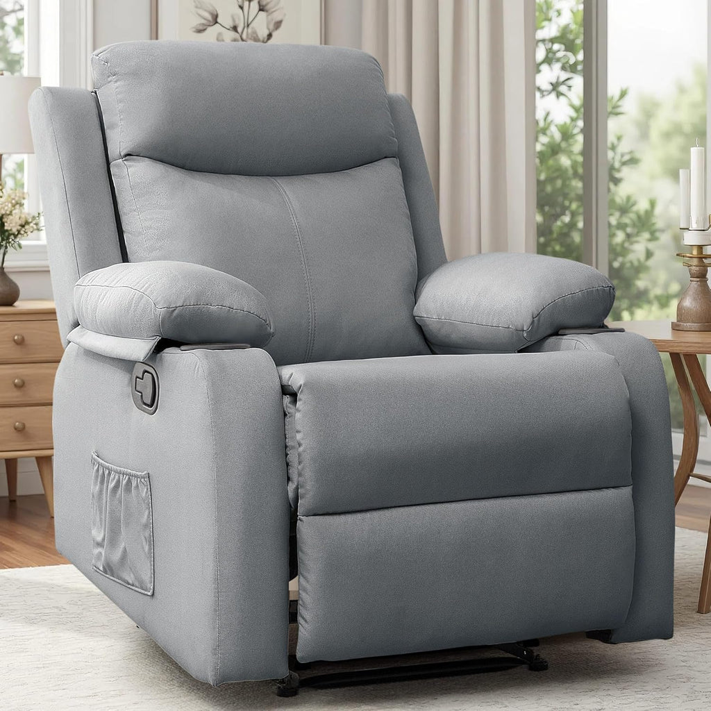 Recliner Chair | Small Recliners for Small Spaces, Manual Recliner with Cup Holders and Side Pockets, Chairs for Living Room, Bedroom, Nursery, SmokeyGrey