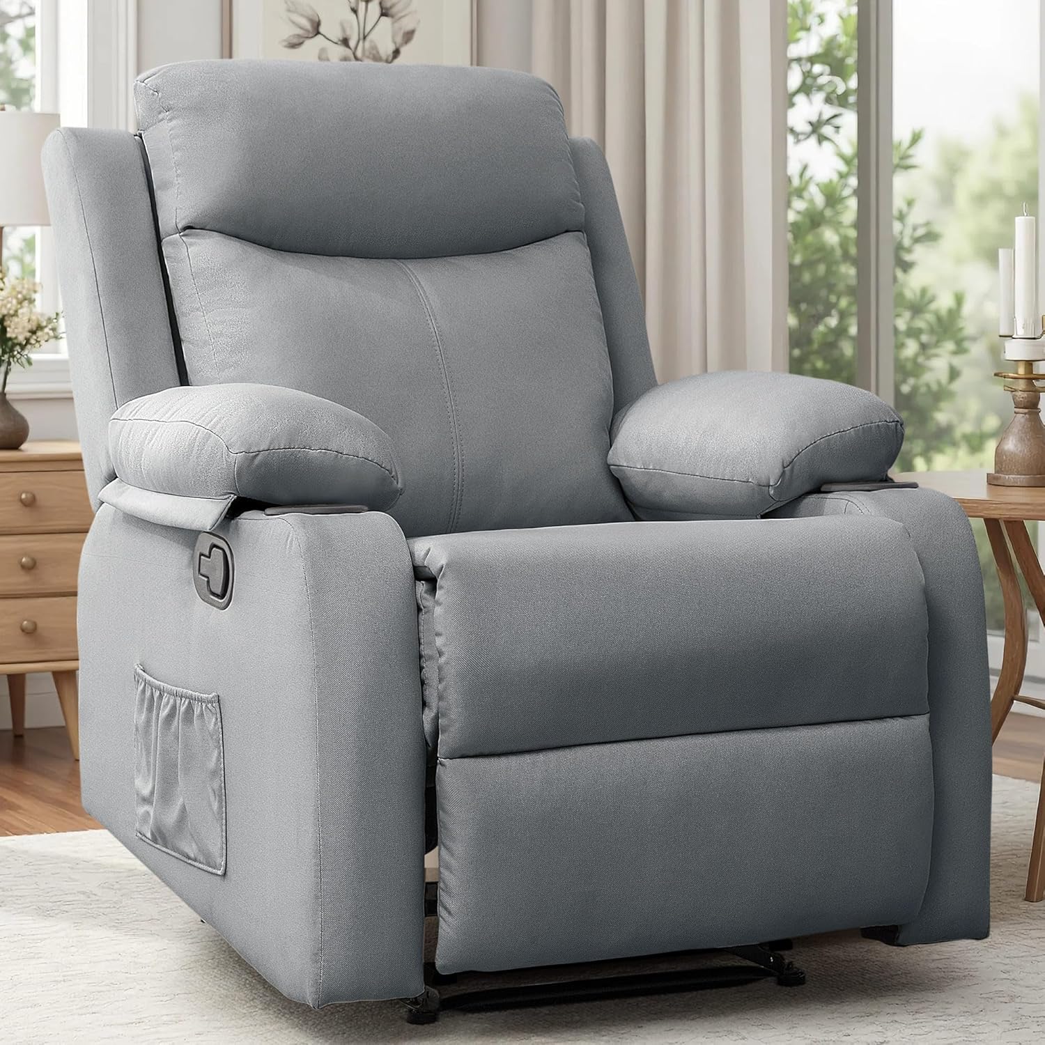 Recliner Chair | Small Recliners for Small Spaces, Manual Recliner with Cup Holders and Side Pockets, Chairs for Living Room, Bedroom, Nursery, SmokeyGrey
