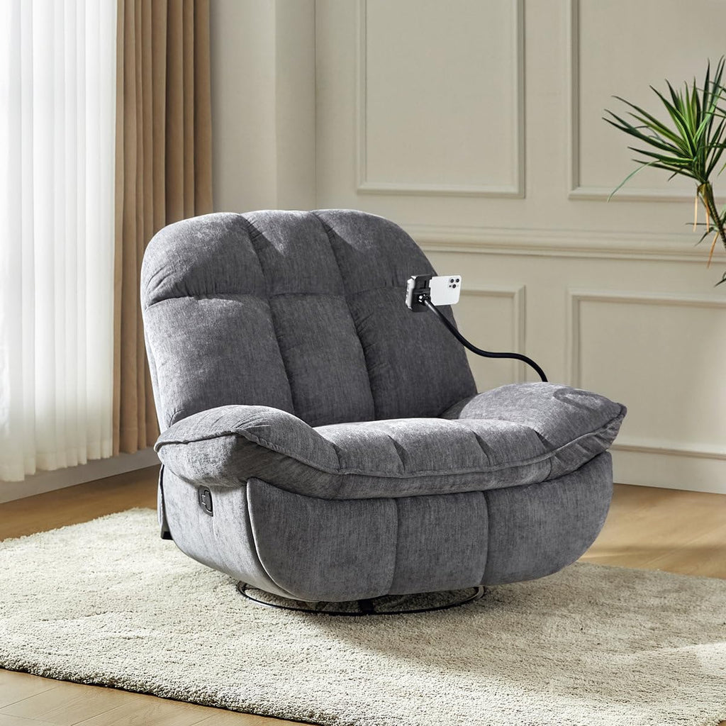 Recliner Sofa 1 Seater Jace Modern Upholstered Manual Swivel Rocker Recliner with Phone Holder Color Gray