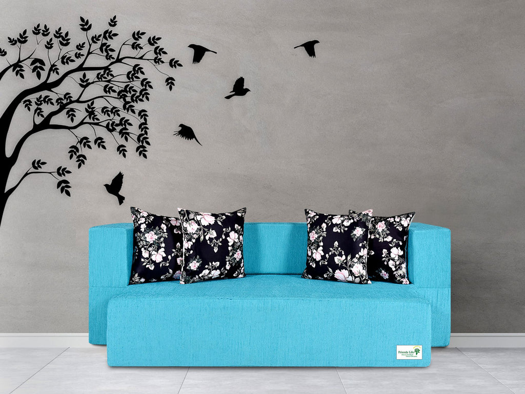 FRIENDS LIFE 4 Seater Sofa Cum Bed | Foldable Sofa cuma Bed | 4 Pillow | Jute Finish Fabric, Blue (44X10X72) inches Comfort for All Sofa Cum Bed for Living Room & Guests (N-CA01)