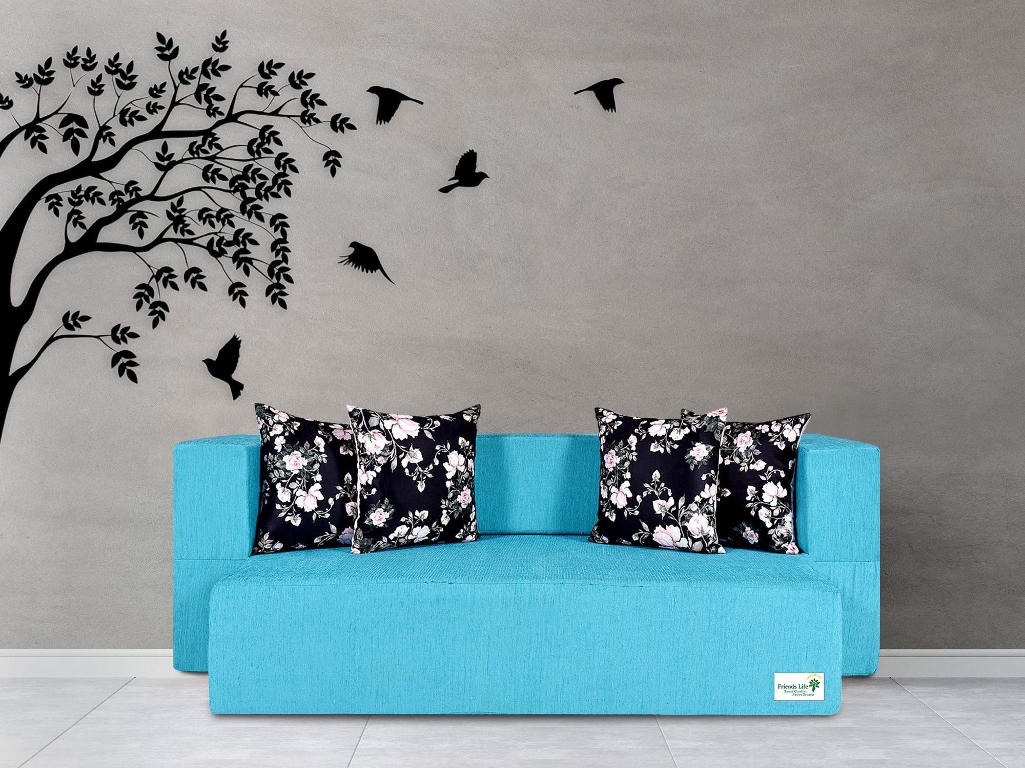 FRIENDS LIFE 4 Seater Sofa Cum Bed | Foldable Sofa cuma Bed | 4 Pillow | Jute Finish Fabric, Blue (44X10X72) inches Comfort for All Sofa Cum Bed for Living Room & Guests (N-CA01)