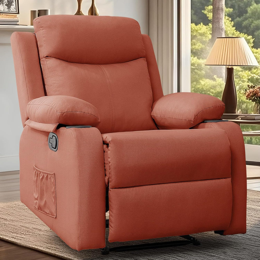 Sofa Recliner 1 Seater | Small Recliners for Small Spaces, Manual Recliner with Cup Holders and Side Pockets, Chairs for Living Room, Bedroom, Nursery, Red