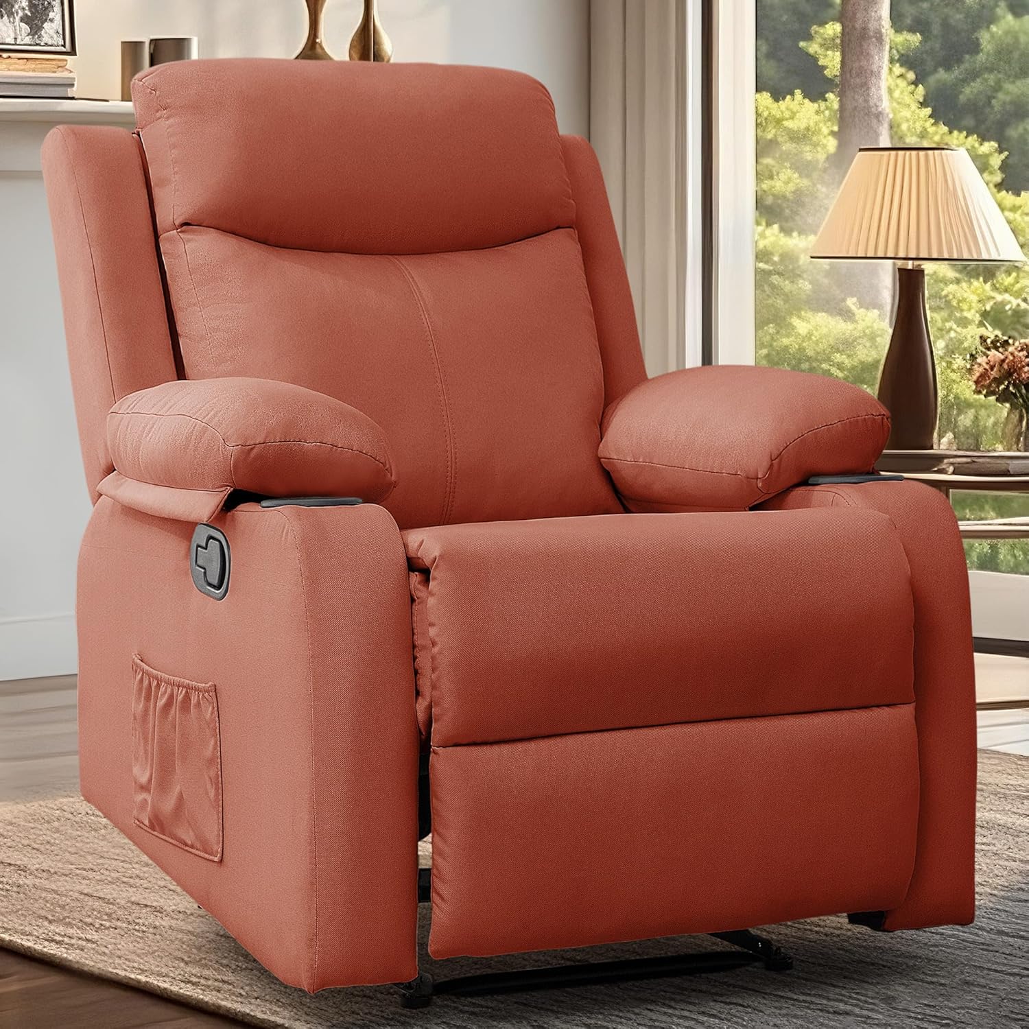 Sofa Recliner 1 Seater | Small Recliners for Small Spaces, Manual Recliner with Cup Holders and Side Pockets, Chairs for Living Room, Bedroom, Nursery, Red