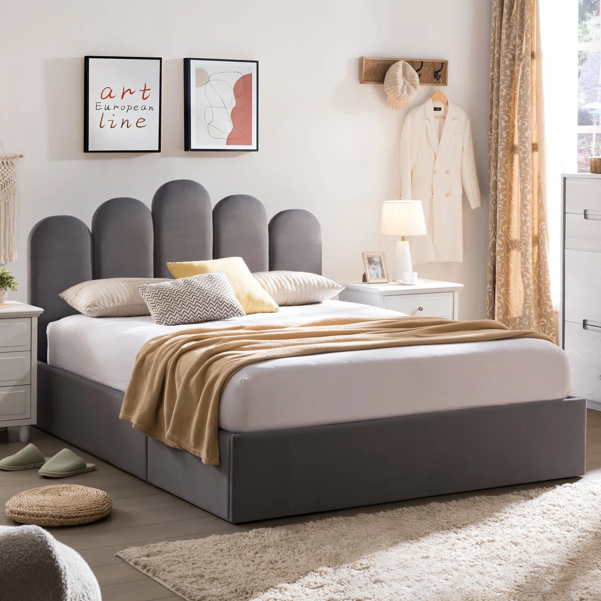 FRIENDS LIFE Velvet Palm shaped Headboard Full Bed Frame with Lift Up Storage, No Box Spring Needed, Gray