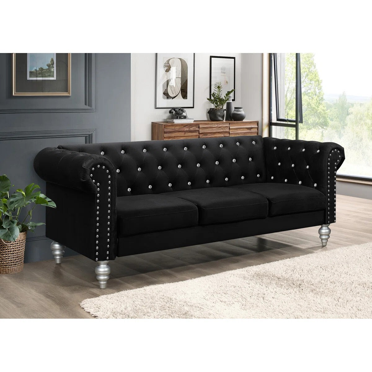 Jabarion Classic Tuxedo Design Sofa | Loveseat with Armrest, Removable Cushions and Wood Legs – Black Living Room Sofa