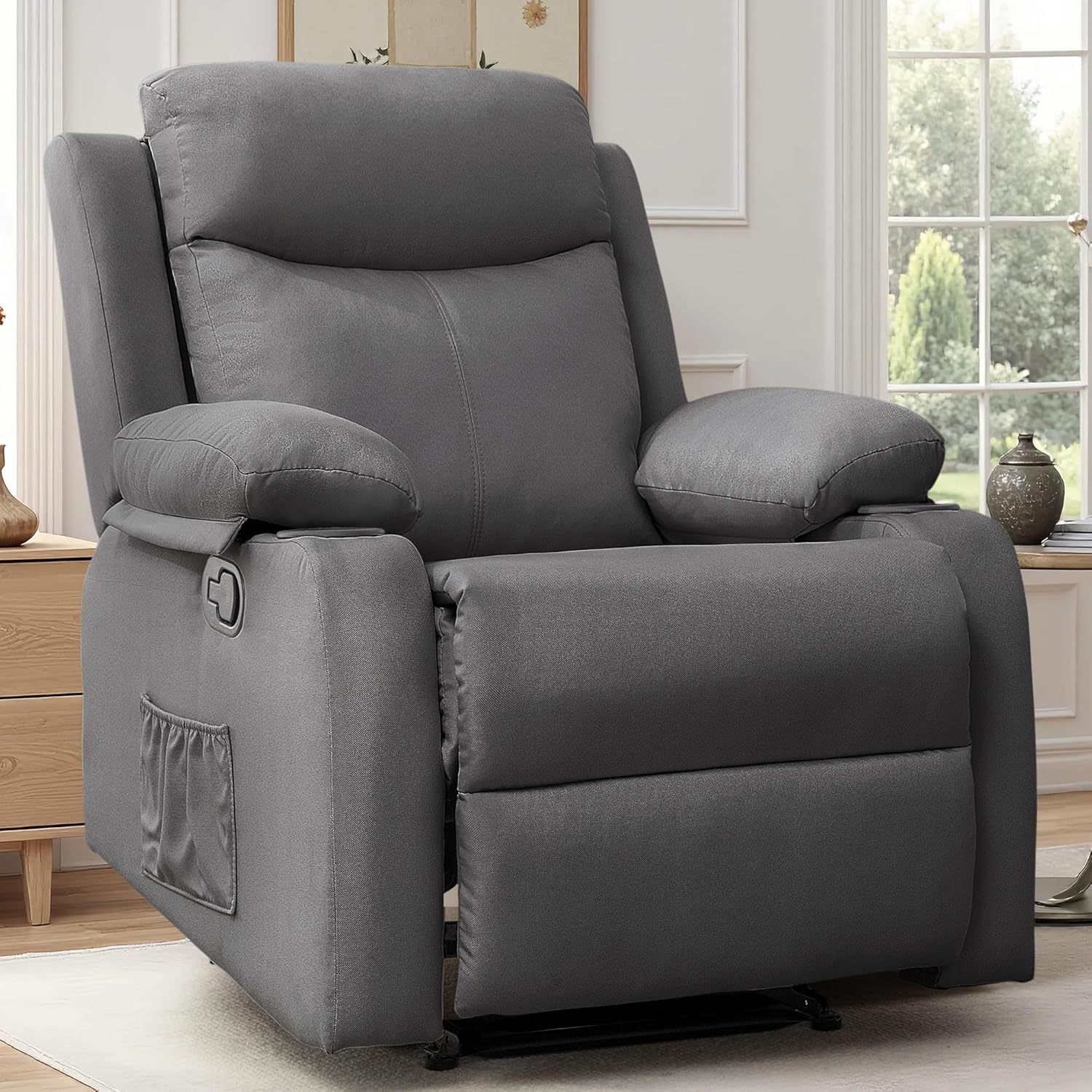 Recliner Chair | Small Recliners for Small Spaces, Manual Recliner with Cup Holders and Side Pockets, Chairs for Living Room, Bedroom, Nursery