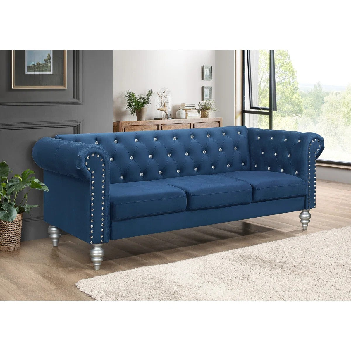 Jabarion Classic Tuxedo Design Sofa | Loveseat with Armrest, Removable Cushions and Wood Legs – Blue Living Room Sofa
