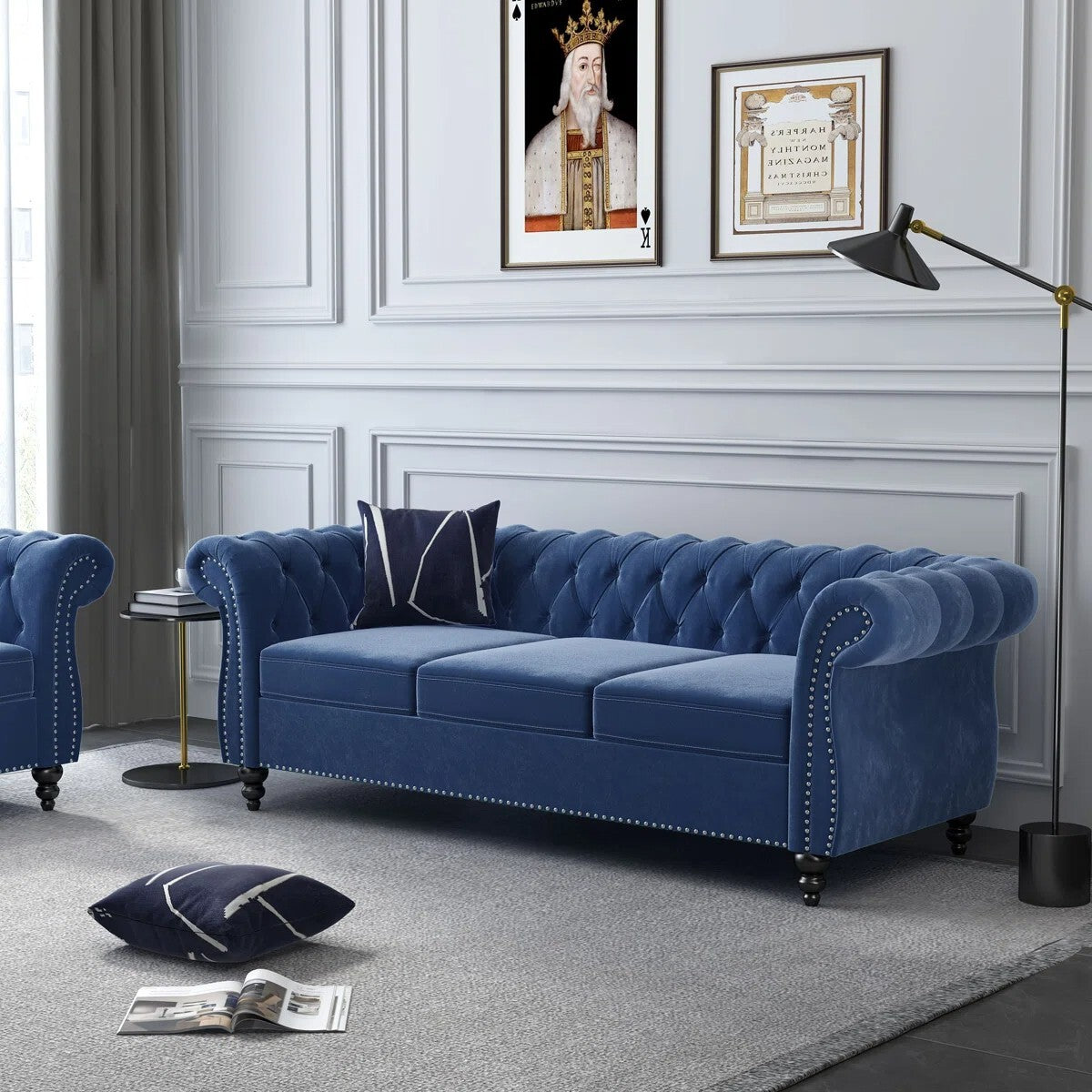 Adedapo Classic Tuxedo Design Sofa 3 Seater | Loveseat with Armrest, Cushions and Wood Legs – Blue Living Room Sofa