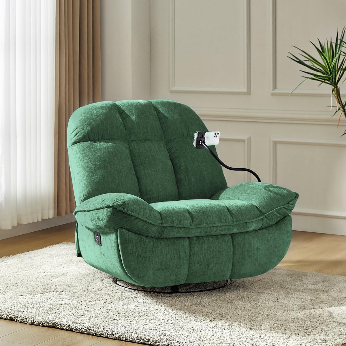 Recliner Sofa 1 Seater Jace Modern Upholstered Manual Swivel Rocker Recliner with Phone Holder Color Green