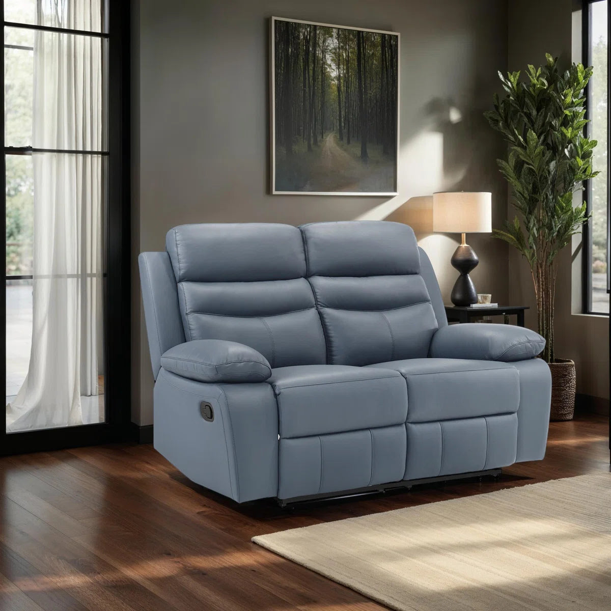 Loveseat Recliner Sofa 2 Seater Reclining Chair with Footrest Color Cream White (Blue)