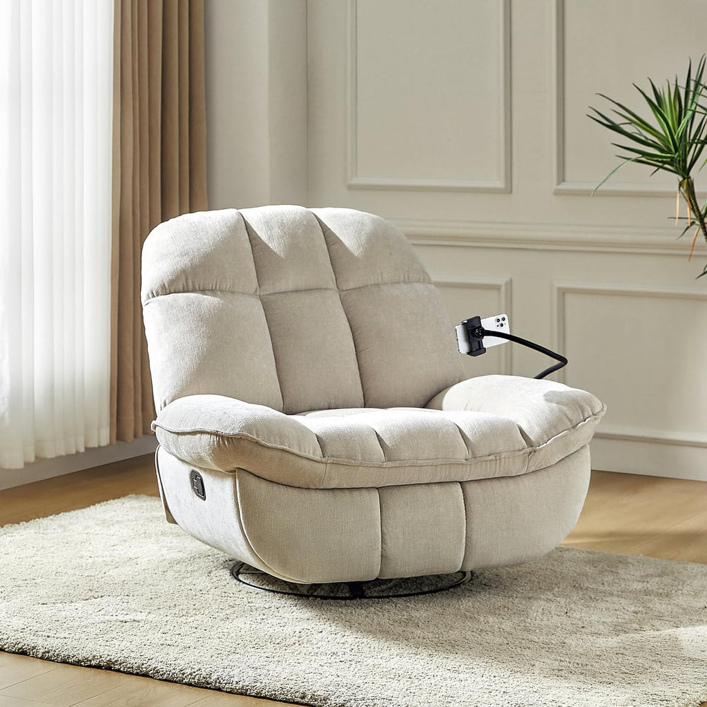 Jace Recliner Sofa 1 Seater 360° Swivel and Rock Modern Upholstered Manual Swivel and Rocker Recliner with Phone Holder Color Beige