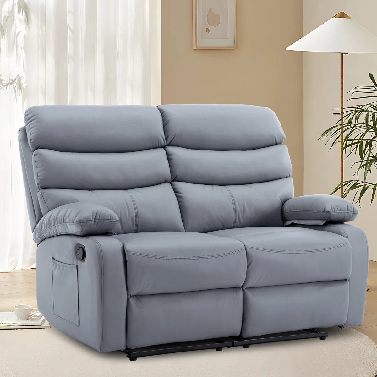 Loveseat Recliner Sofa 2 Seater Reclining Chair with Footrest Color Cream White (Grey)