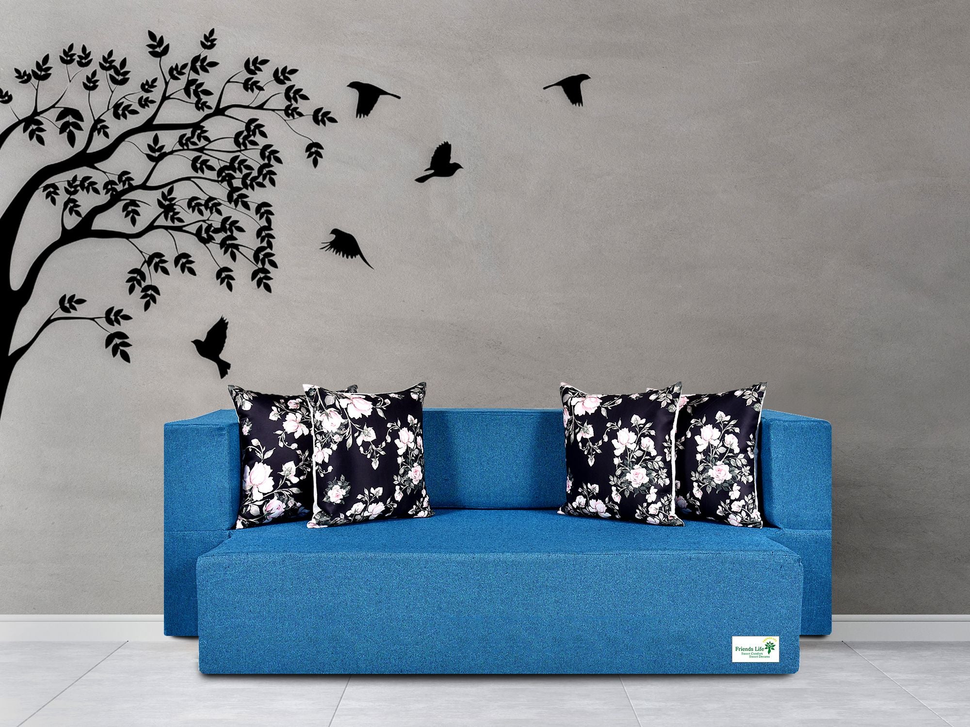 FRIENDS LIFE 4 Seater Sofa Cum Bed | 1 Years Warranty | Foldable Sofa Cuma Bed | 4 Pillow | Jute Finish Fabric, Blue Comfort for All Sofa Cum Bed for Living Room & Guests (N-CA11)
