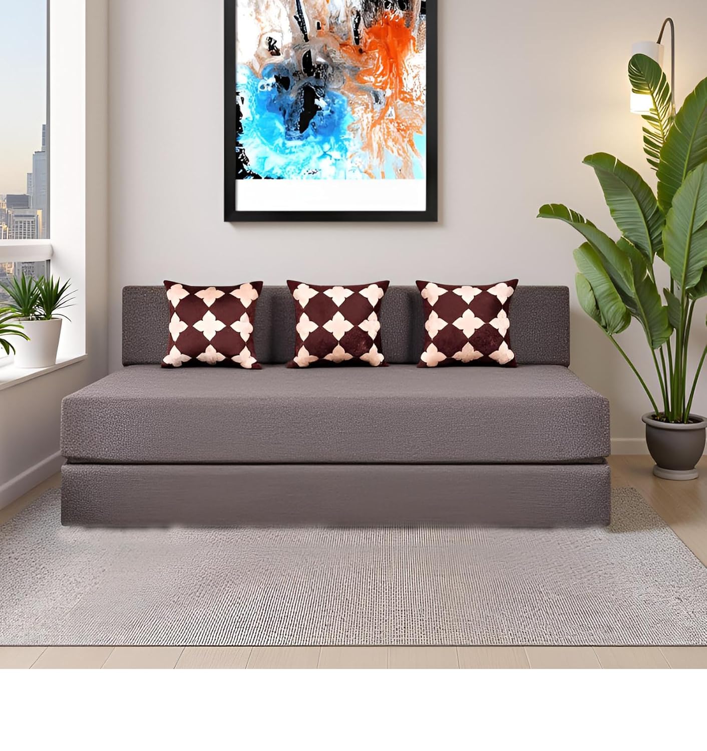 3 Seater Sofa Cum Bed | 1 Years Warranty | Foldable Sofacum Bed | 3 Pillow | Jute Finish Fabric, Maroon (5X6) inches Comfort for All Sofa Cum Bed for Living Room & Guests (N-FA040)