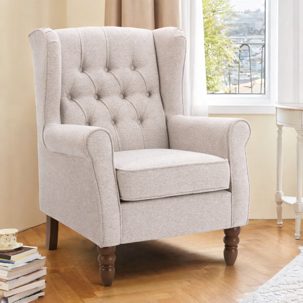 Button-Tufted Small Wingback Accent Chair with Rolled Arm and Thick Padded Cushion