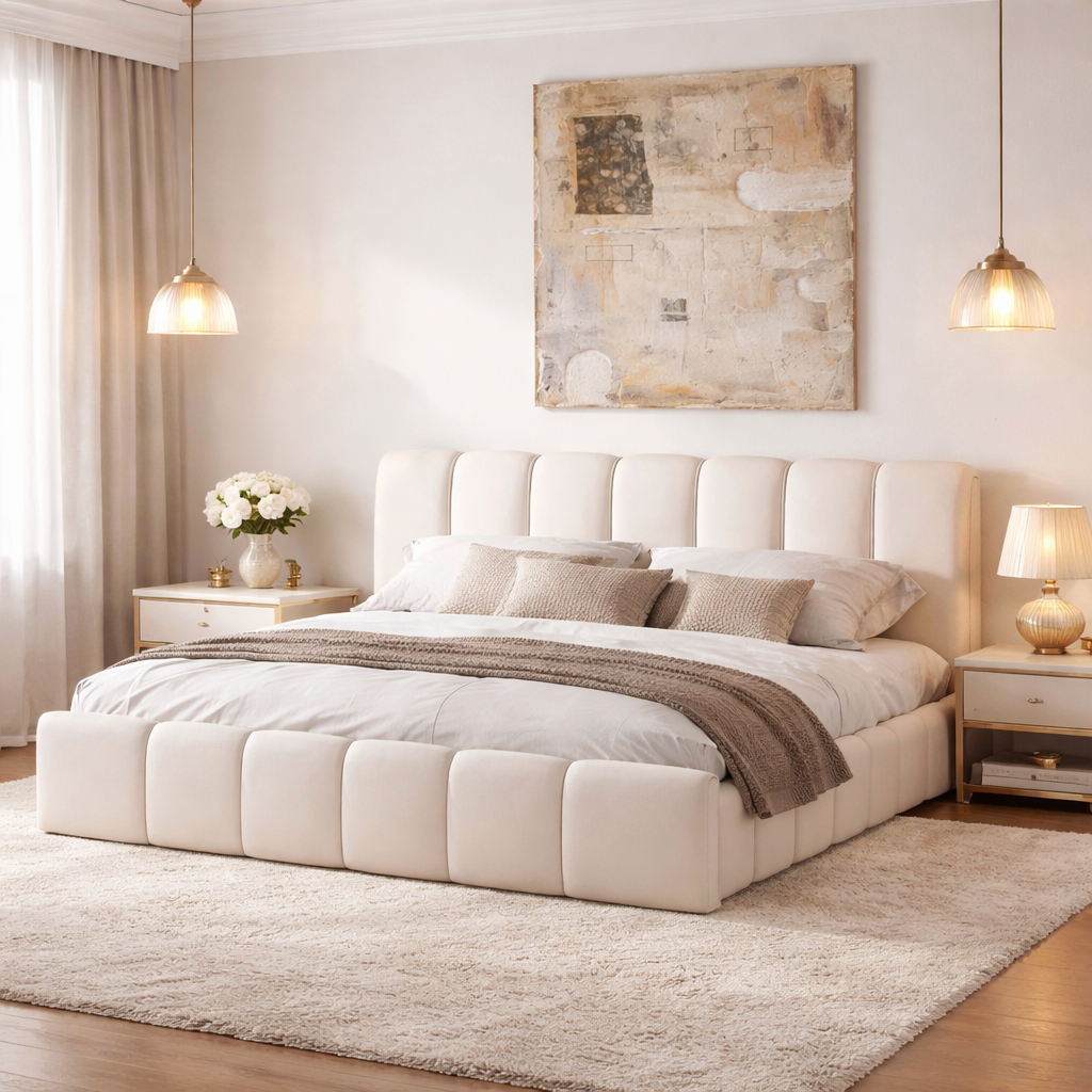 Modern Leather Wingback King Bed Frame with Upholstered Headboard
