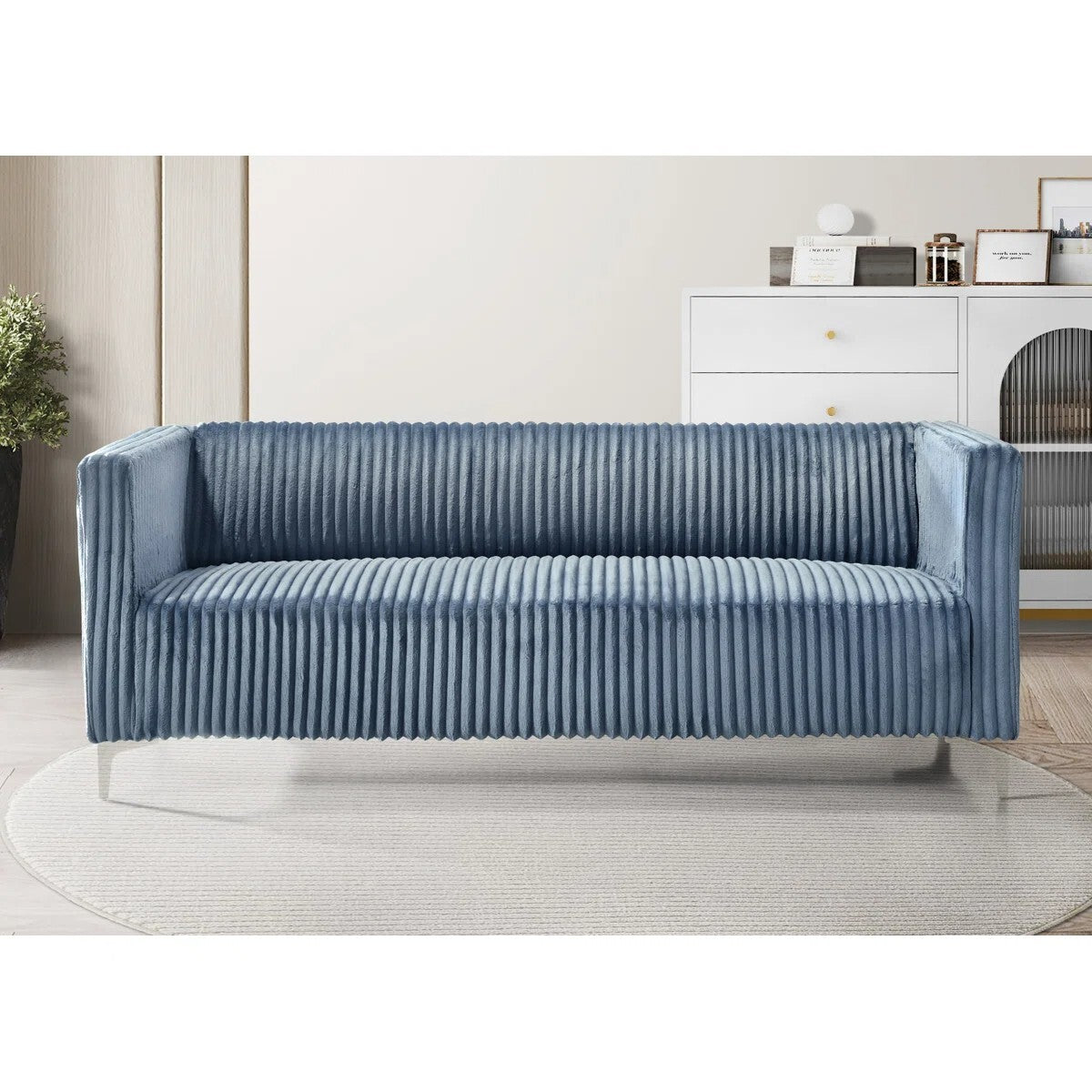 Chryssa Modern Tufted Design Sofa 3 Seater | Loveseat with Armrest, Metal Legs – Blue Living Room Sofa