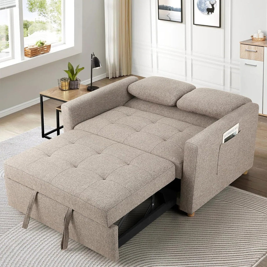 FRIENDS LIFE Dharius 48.5" Pull Out Convertible Sofa Bed 3 in 1 Upholstered Reclining Sleeper Sofa Cum Bed with Cushions Color Brown Grey