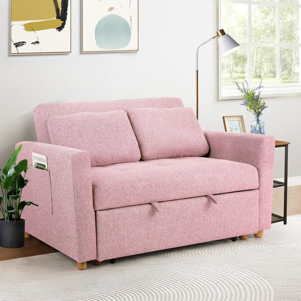 FRIENDS LIFE Dharius 48.5" Sofa Cumbeds 2 Seater Convertible 3 in 1 Upholstered Reclining Sleeper Sofa Cum Bed with Cushions Color Pink