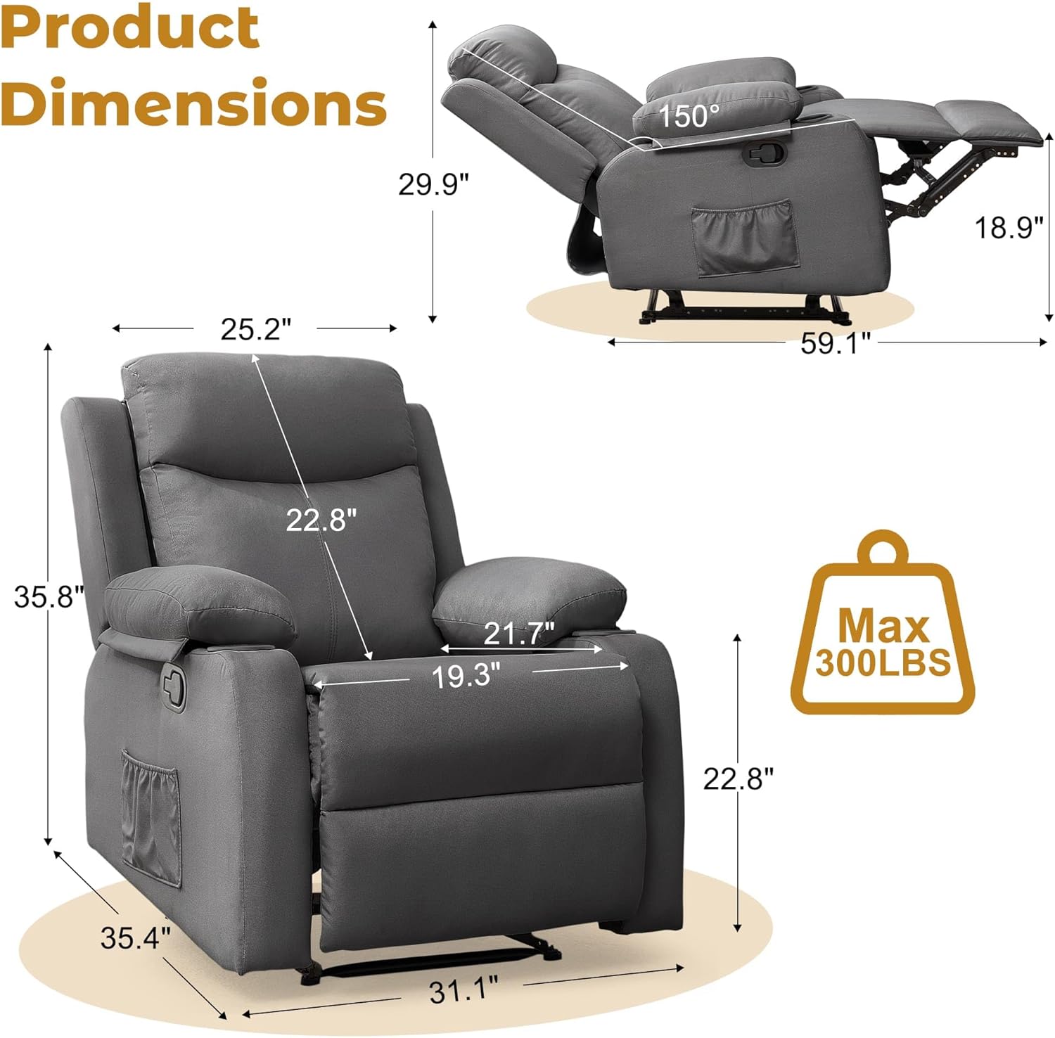 Recliner Chair | Small Recliners for Small Spaces, Manual Recliner with Cup Holders and Side Pockets, Chairs for Living Room, Bedroom, Nursery
