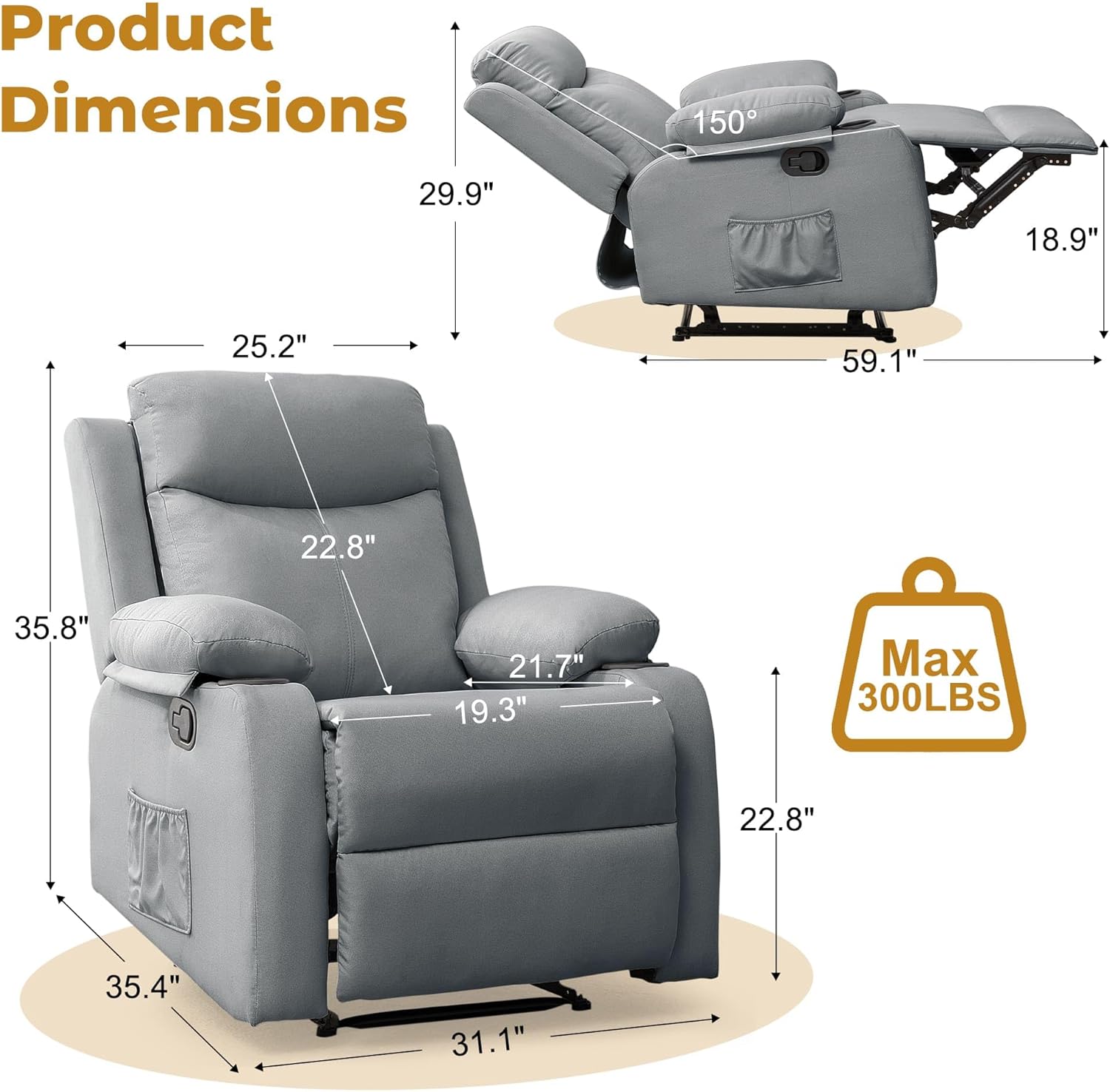 Recliner Chair | Small Recliners for Small Spaces, Manual Recliner with Cup Holders and Side Pockets, Chairs for Living Room, Bedroom, Nursery, SmokeyGrey
