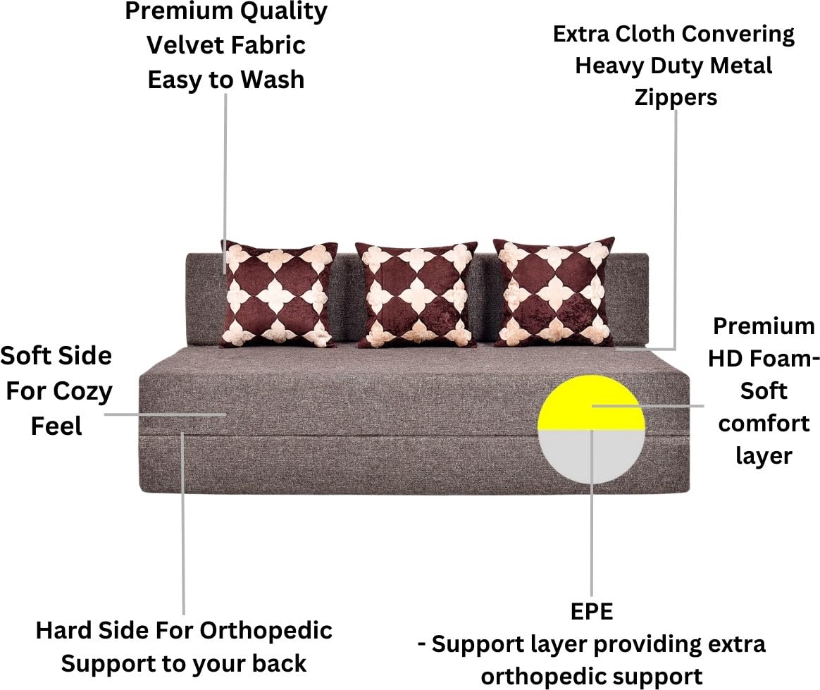 3 Seater Sofa Cum Bed | 1 Years Warranty | Foldable Sofacum Bed | 3 Pillow | Jute Finish Fabric, Maroon (5X6) inches Comfort for All Sofa Cum Bed for Living Room & Guests (N-FA040)