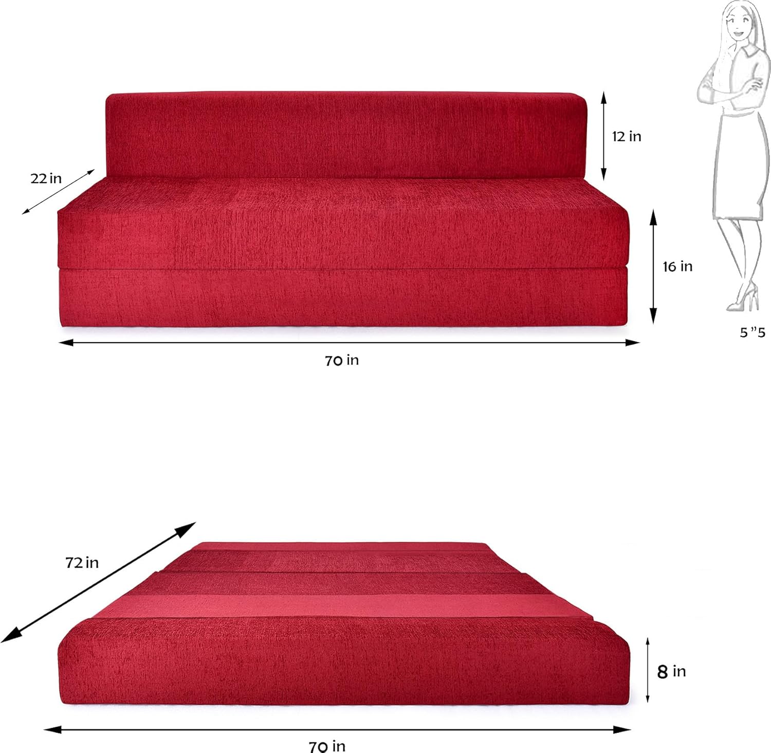 3 Seater Sofa Cum Bed | 1 Years Warranty | Foldable Sofacum Bed | 3 Pillow | Jute Finish Fabric, Maroon (6X6) inches Comfort for All Sofa Cum Bed for Living Room & Guests (N-FA024)