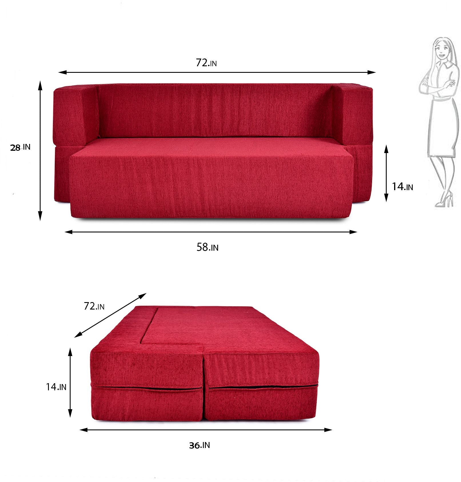 3 Seater Sofa Cum Bed | 1 Years Warranty | Foldable Sofacum Bed | 3 Pillow | Jute Finish Fabric, Maroon (C Type) inches Comfort for All Sofa Cum Bed for Living Room & Guests (N-FA083)