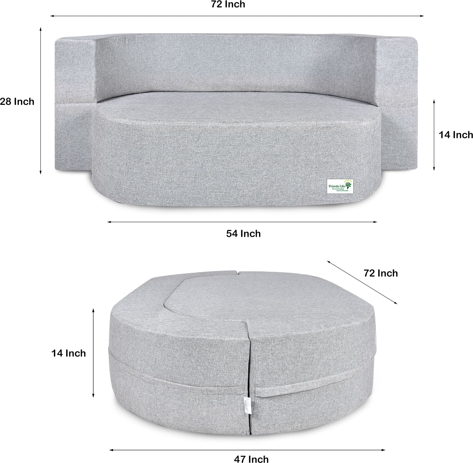 FRIENDS LIFE 3 Seater Sofa Cum Bed | 1 Years Warranty | Foldable Sofacum Bed | 3 Pillow | Jute Finish Fabric, Silver (47X72X14) inches Comfort for All Sofa Cum Bed for Living Room & Guests (N-FL5038)