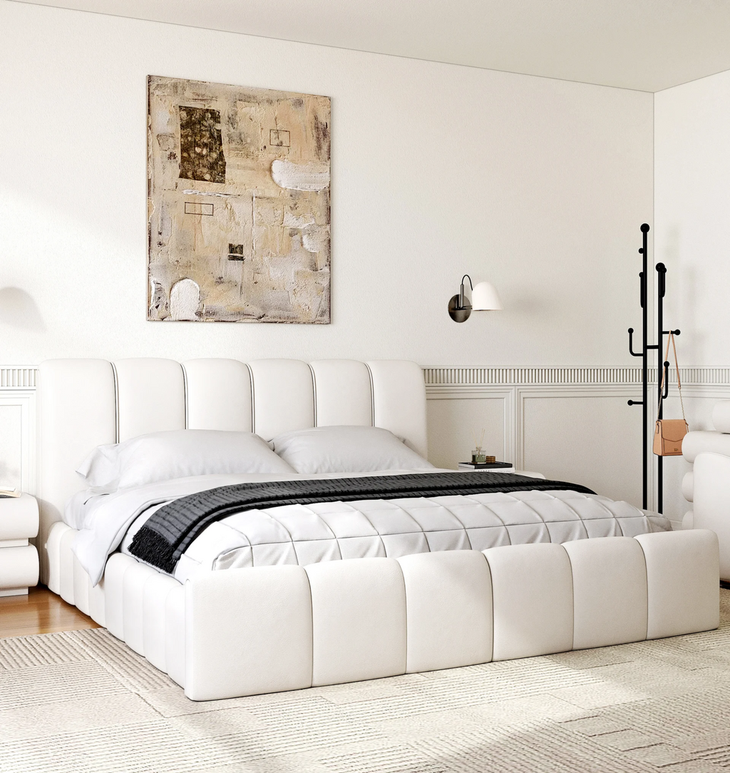 Modern Leather Wingback King Bed Frame with Upholstered Headboard