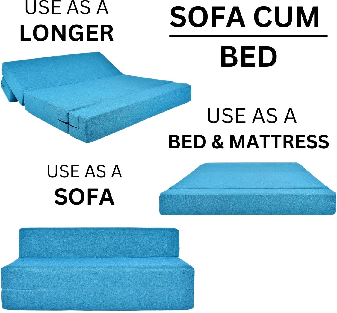 3 Seater Sofa Cum Bed | 1 Years Warranty | Foldable Sofacum Bed | 3 Pillow Jute Finish Fabric, Blue (5X6) inches Comfort for All Sofa Cum Bed for Living Room & Guests (N-FA027)
