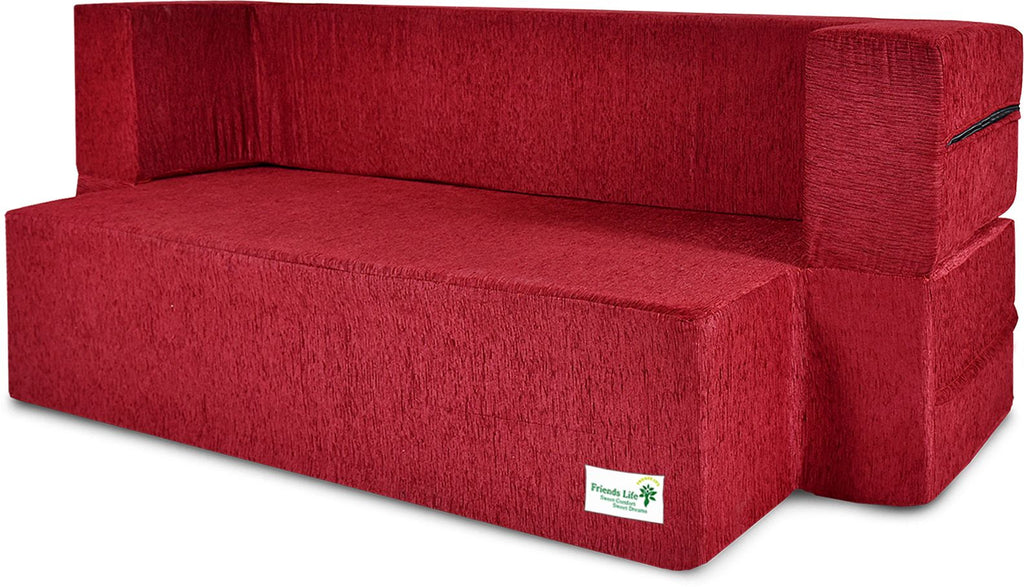 FRIENDS LIFE 4 Seater Sofa Cum Bed | 1 Years Warranty | Foldable Sofacum Bed | Jute Finish Fabric, Maroon Comfort for All Sofa Cum Bed for Living Room & Guests (N-FL4043)