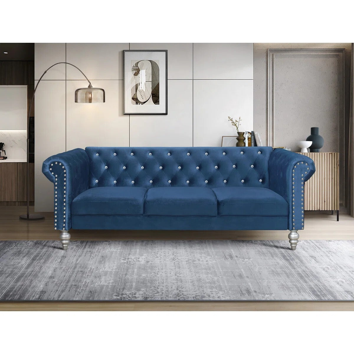 Jabarion Classic Tuxedo Design Sofa | Loveseat with Armrest, Removable Cushions and Wood Legs – Blue Living Room Sofa